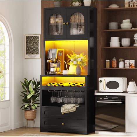 Hochschrank mit gewölbten Glastüren, LED-Beleuchtung per App & Musik-Synchronisation, einstellbare Böden, Weinregal, USB-Anschluss, Kippschutz, für Wohnzimmer & Esszimmer
,Schwarz (1/5)