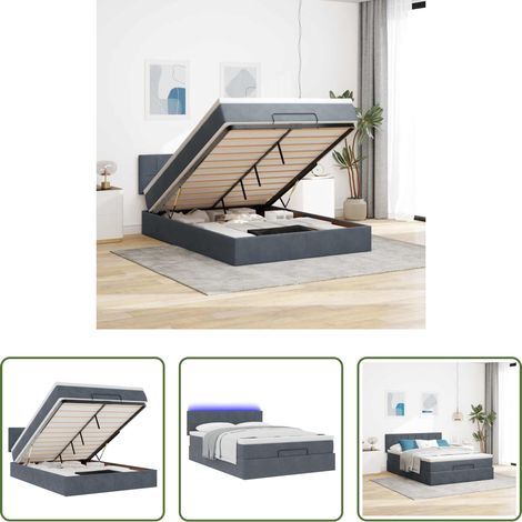 vidaXL LED-Beleuchtung - Ottoman-Bett mit Matratze & LEDs Dunkelgrau 140x190 cm Samt (1/5)