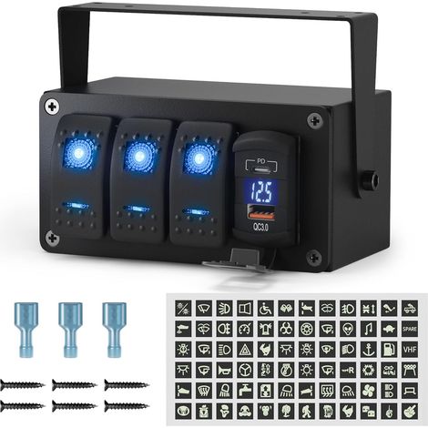 3 Gang Panneau de Interrupteur à Bascule 12V/24V,Panneau de Commutation LED On/Off avec 4.8A Dual USB Fast Charge/Quick Charge 3.0 Ports,pour RV Marine Bateau Voiture (1/5)