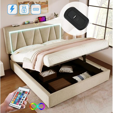 Polsterbett 160/200 cm beige aus Leinen mit LED, USB-C und Stauraum (1/5)