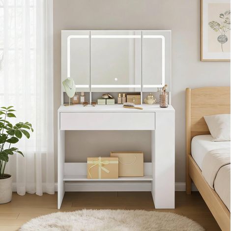 Tocador in MDF e vetro bianco con specchio LED dimmerabile e ampio spazio contenitivo (1/5)
