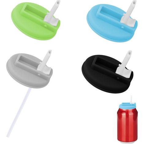 4 Couvercles Canettes Soda avec Pailles, Plastique Silicone Bouchon Canette Soda Réutilisables Ustensiles Cuisine Compatibles avec les Canettes Standard Bière Jus (Noir, Bleu, Vert, Gris) (1/5)