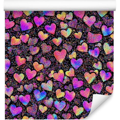 Papel pintado de corazones con purpurina neón, color burdeos y morado, 50x1000 cm. (1/5)