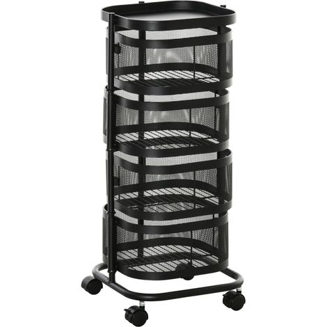 Chariot rotatif 4 niveaux – Panier métal, plateau supérieur, noir 33x33x77 cm (1/5)