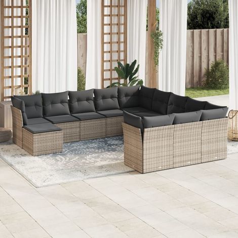 Ensemble de Jardin 12 Places avec 28 Coussins Gris en Résine Tressée, Modulable (1/3)