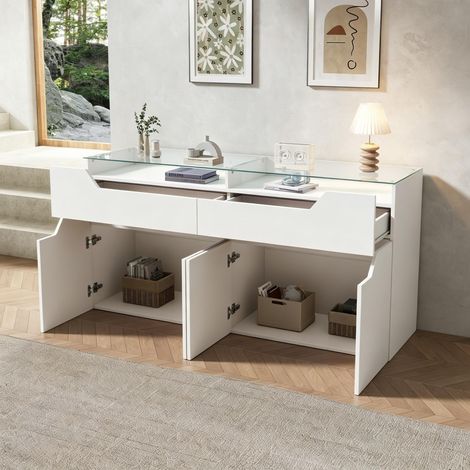 Buffet bas de cuisine, 140x40x70cm, Commode avec LED et plateau en verre trempé, Bahut de rangement avec 2 tiroirs pour salon salle à manger, Blanc (1/5)