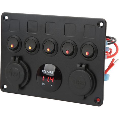 Panneau de 5 interrupteurs étanche 12-24V avec voltmètre numérique rétroéclairé rouge pour bateau, camping-car, remorque, camion (1/5)