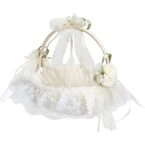 Panier de fleurs blanc de mariage, grande capacité, bordé de dentelle, élégant et romantique, accessoire idéal pour les photos de mariage. (1/5)