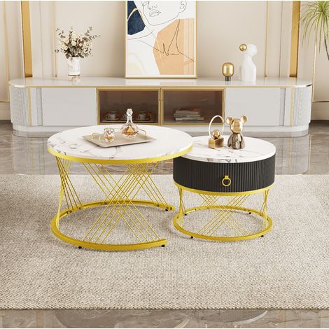 Tavolino da caffè 2 pezzi effetto marmo con cassetto, bianco e oro HAVRYA (1/5)
