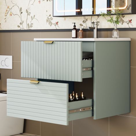 Meuble de salle de bain suspendu 61x46x57 cm - Vasque intégrée - 2 tiroirs - MDF entièrement peint - Vert menthe