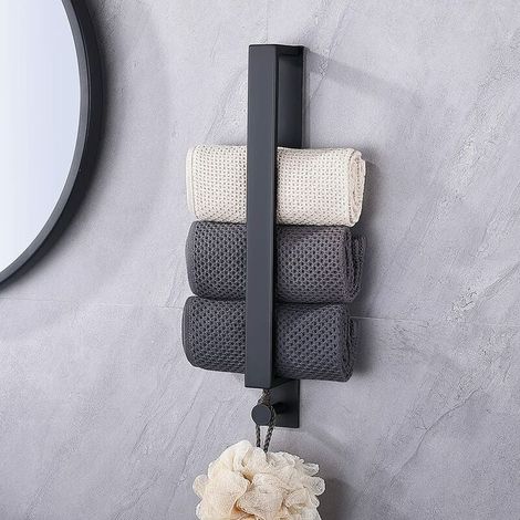 Selbstklebender Handtuchhalter ohne Bohren aus Edelstahl fürs Badezimmer – mit Haken – Schwarz 40 cm