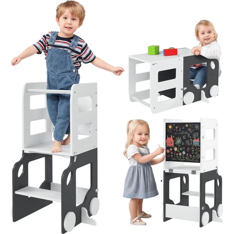 Échelle Montessori 4 en 1 pour enfants avec 2 tableaux noirs et un ensemble table et chaise, en bois, 58 x 46 x 92 cm, blanche (1/5)