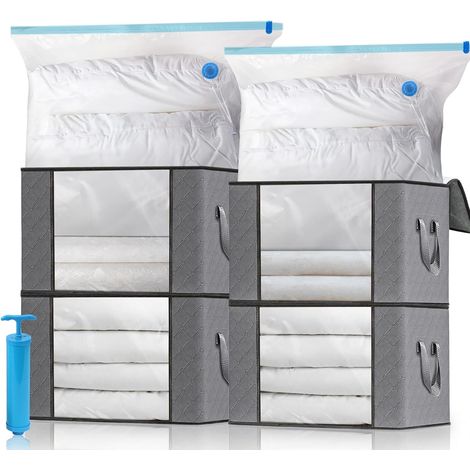 Kit de Rangement Housse de Rangement Sous Vide Grande Capacité XXL, 4 Sacs Sous Vide et 4 Sacs de Rangement en non-tissé et 1 Pompe Réutilisable pour Duvet Couette Oreillers Vêtements la Literie (1/5)