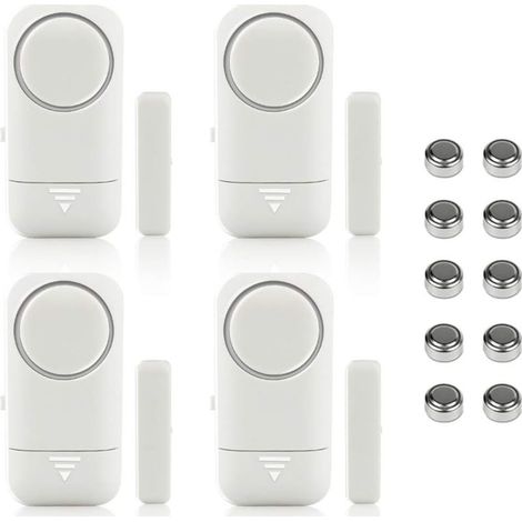 Lot de 4 alarmes magnétiques sans fil 120dB – Détecteurs anti-intrusion pour fenêtres et portes – Installation facile avec ruban adhésif