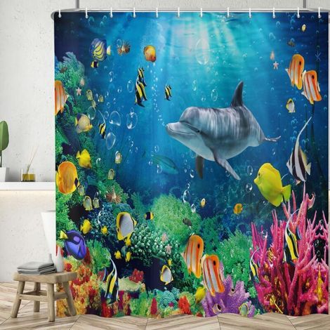 Tenda da doccia CCYKXAA 180x200 cm, fondale blu, mondo sottomarino colorato, delfino, pesce, corallo, tenda in tessuto lavabile - Crezuo (1/4)
