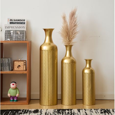 Set di 3 vasi da terra 24.2x24.21x92.06 cm, altezze sfalsate, superficie goffrata, metallo, dorato (1/5)