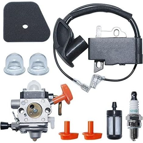 Lot de 2 kits carburateur et bobine d'allumage compatible avec débroussailleuses Stihl FS87/FS90/FS100/HL100/HL95/KM90/KM100/KM130, remplace 41804001308/41801200610/41801200611. (1/5)