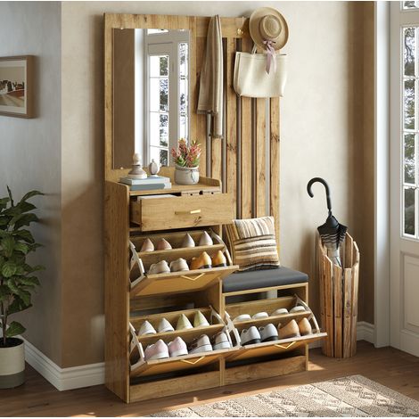 Vestiaire d'entrée avec miroir et banc, 99,5x26x180 cm, naturel, MDF, FloraGrace (1/5)