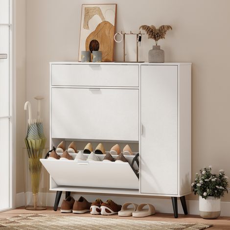 Armoire à chaussures étroite avec 2 compartiments rabattables, armoire à chaussures avec portes en cuir de litchi et tablettes réglables, blanc (1/5)
