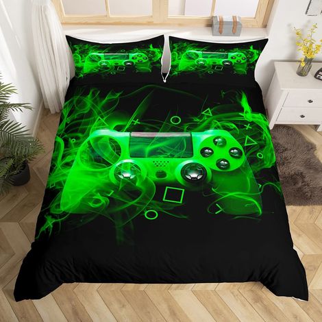 Parure de lit 135 x 200 cm avec housse de couette 135 x 200 cm, motif manette de jeu, décoration moderne, géométrie, touches d'action, console de jeu, pour garçons et filles (1/5)