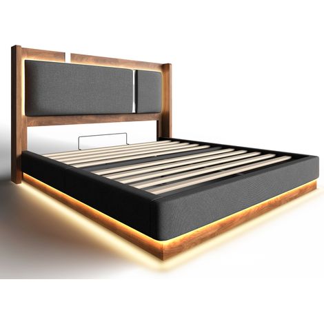 Cama baúl 140 x 200 con somier, LED, hidráulica, lino gris y efecto nogal, HOMVRA (1/5)