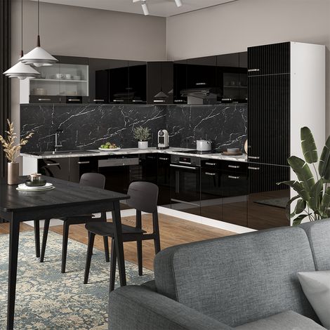Cocina esquinera R-Line, Negro brillo/blanco, 227 x 287 cm sin encimera, Vicco
