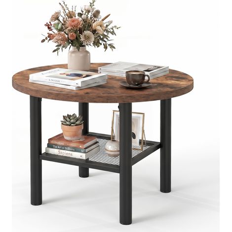Table D'appoint Ronde, Table de Chevet à 2 Étagères, Structure Métallique, Petite Table Basse, Charge 100 KG, 60 x 60 x 42 CM, Marron (1/5)