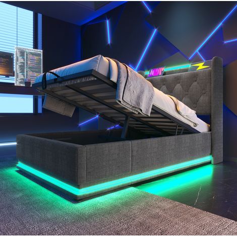 Bett 90x200 cm Grau Leinen mit 360° LED, hydraulischem Stauraum, Kopfteil mit USB und Matratze (1/5)