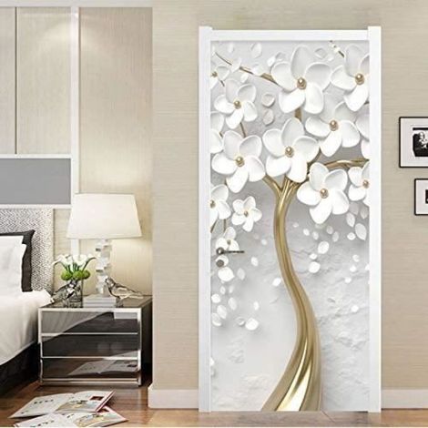 Papier peint de porte autocollant 3D fleur blanche salon chambre - étanche - pour decoration - 90x200cm (1/4)