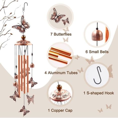 Carillon éolien d'extérieur en liquidation, carillon éolien papillons en tube d'aluminium avec crochet en S, décoration de jardin et de terrasse, cadeau de pendaison de crémaillère. (1/5)