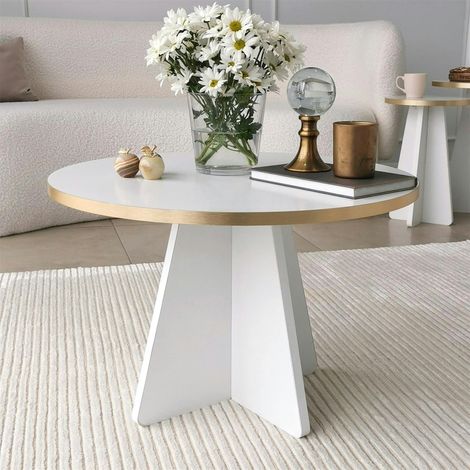 Table basse ronde blanche & pieds forme trapèze MARFA (1/5)
