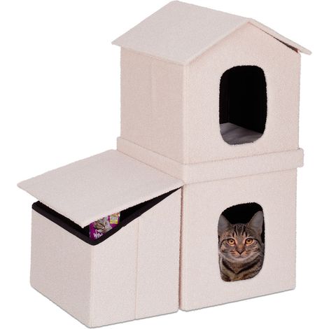 Relaxdays Casetta per Gatti, Cuccia Pieghevole a 2 Entrate, Rifugio con Contenitore H x L x P: 86 x 75 x 44 cm, Beige (1/5)