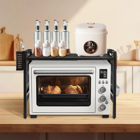 1 Étagère extensible, Support micro-ondes, Acier carbone, 25 kg, Pieds réglables, Crochets, Cuisine