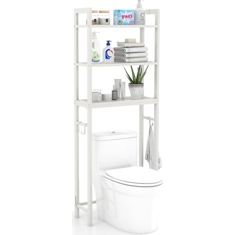 COSTWAY Toilettenregal 170cm, WC Regal mit 3 ablagen, Regal für Waschmaschine Metall, inkl. 3 Haken, mit höhenverstellbarer Querstange Wei- (1/5)