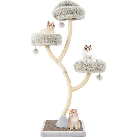 GOPLUS Arbre à Chat Moderne 178cm à 3 Niveaux, Design Incurvé, Griffoirs et Planche en Sisal, 3 Perchoirs Chauds, 3 Balles, Gris (1/5)