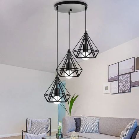 Lustre Suspension industriel Cage Diamant Métal Corde Ajustable E27 Noir (1/4)