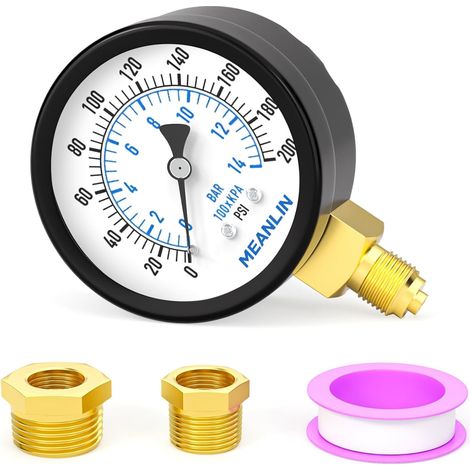 014BAR/0200PSI Pressure Gauge for 2"DIAL FACE 1/8" BSP Well Pump, with 1/4" BSP and 3/8" BSP Hex Bushing, Bottom Mount Water, Oil and Air Pressure Test Center (1/5)