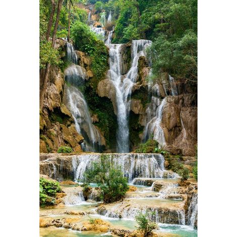 Tableau sur toile cascade Laos 30x45 cm - Impression sur Toile Murale Décorative - Image imprimée en HD sur Toile - Toile sur Châssis en Bois FSC - Fabriqué en France