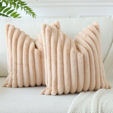 Lot de 2 Taies d'Oreiller en Velours Doux, Housse de Coussin en Fausse Fourrure pour Déco Salon Chambre Canapé Lit Voiture (40x40 cm, Beige) (1/5)