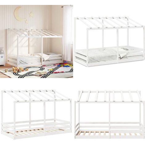 Cama infantil con techo madera maciza pino blanca 90x200 cm - Cama con techo - Madera maciza