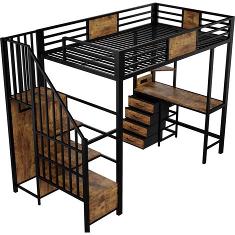 Letto a soppalco in metallo 90x200 con scrivania, mensole, LED e presa elettrica, nero (1/5)