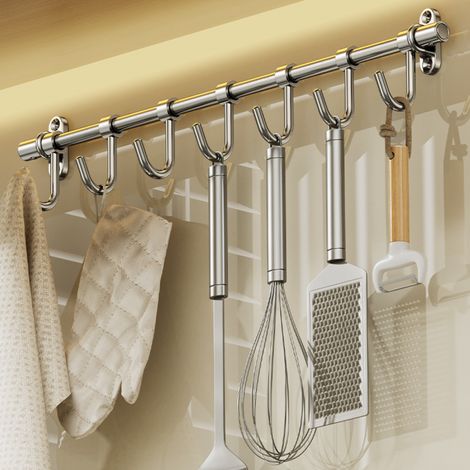 Barre de cuisine en acier inoxydable de 53 cm avec 10 crochets amovibles, pour suspendre les ustensiles de cuisine ou de salle de bain (1/5)