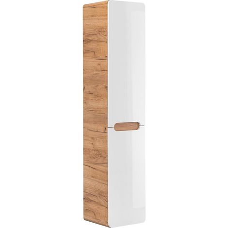Otitec – Colonne de salle de bain avec panier à linge – Chêne artisanal doré et blanc brillant – 3 compartiments de rangement – L35-H170-P35 (1/5)