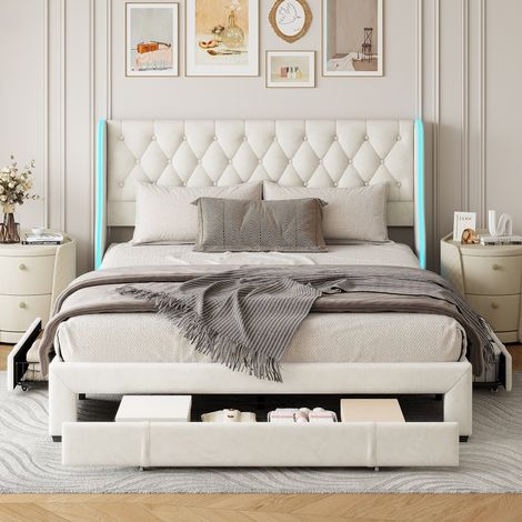 Chambre complete adulte,sommier 160x200,lit deux place,Lit coffre 160x200,lit led 160 x 200,rembourré,LED,3 Tiroirs,Velours,Beige