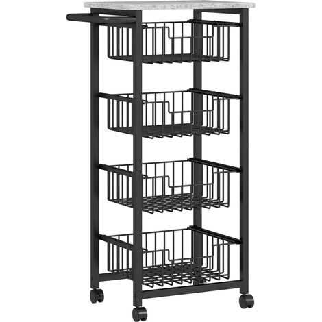 Chariot de cuisine sur roulettes à 4 paniers coulissants, plateau MDF, structure acier gris clair, mobile, compact et élégant pour cuisine et bar – CHICFURN (1/5)
