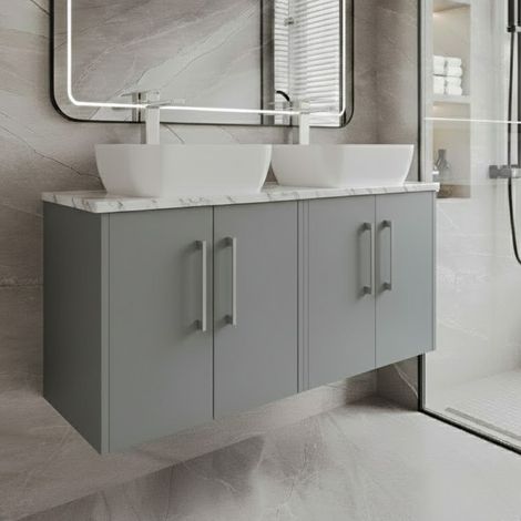 Hudson Reed Juno Wall Hung 4-Door Vanity Unit with Carrera Marble Worktop 1200mm Wide - Coastal Grey (1/4)