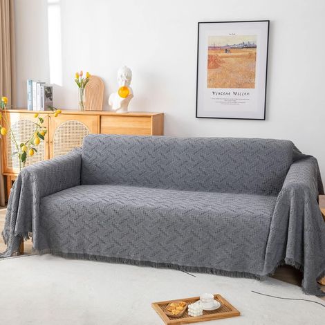 Plaid Canapé - 180 x 300 cm - Pour Canapé 3 Places ou 4 Places - Réversible - Coton et Polyester - Gris