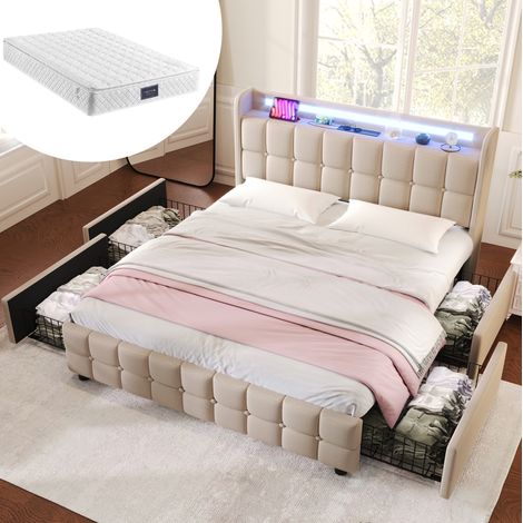 lit adulte double 160x200 rangement 4 tiroirs beige OKMYHOME (1/5)