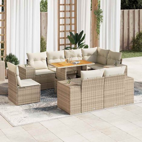 Set de sofás de jardín con cojines 9 pzas ratán sintético beige (1/5)