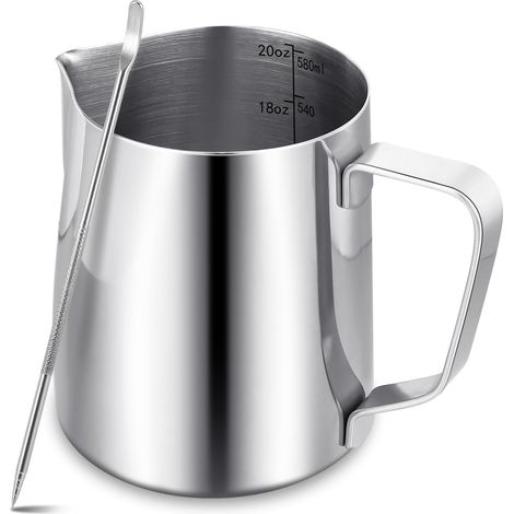 Pichet Mousseur à Lait pour Machine à Café,600 ml/20 oz en Acier Inox 304 avec Stylo,Accessoires de Barista en Métal pour Cappuccino,Latte et Expresso,Passe au Lave-Vaisselle